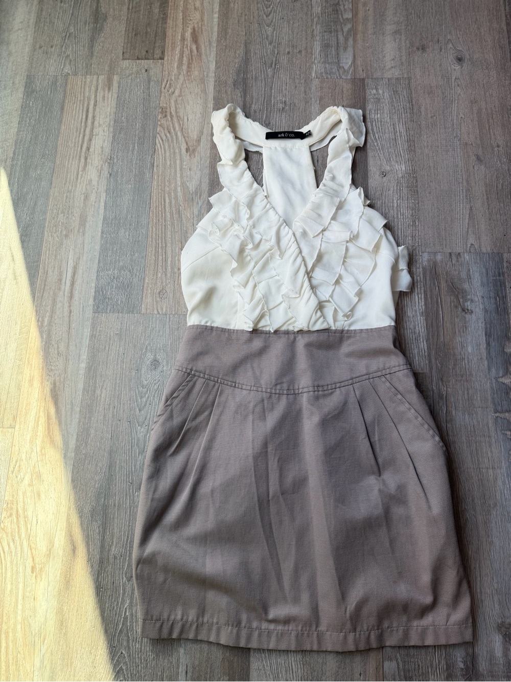 Ark & Co White Ruffle Halter Mini with Taupe Skirt